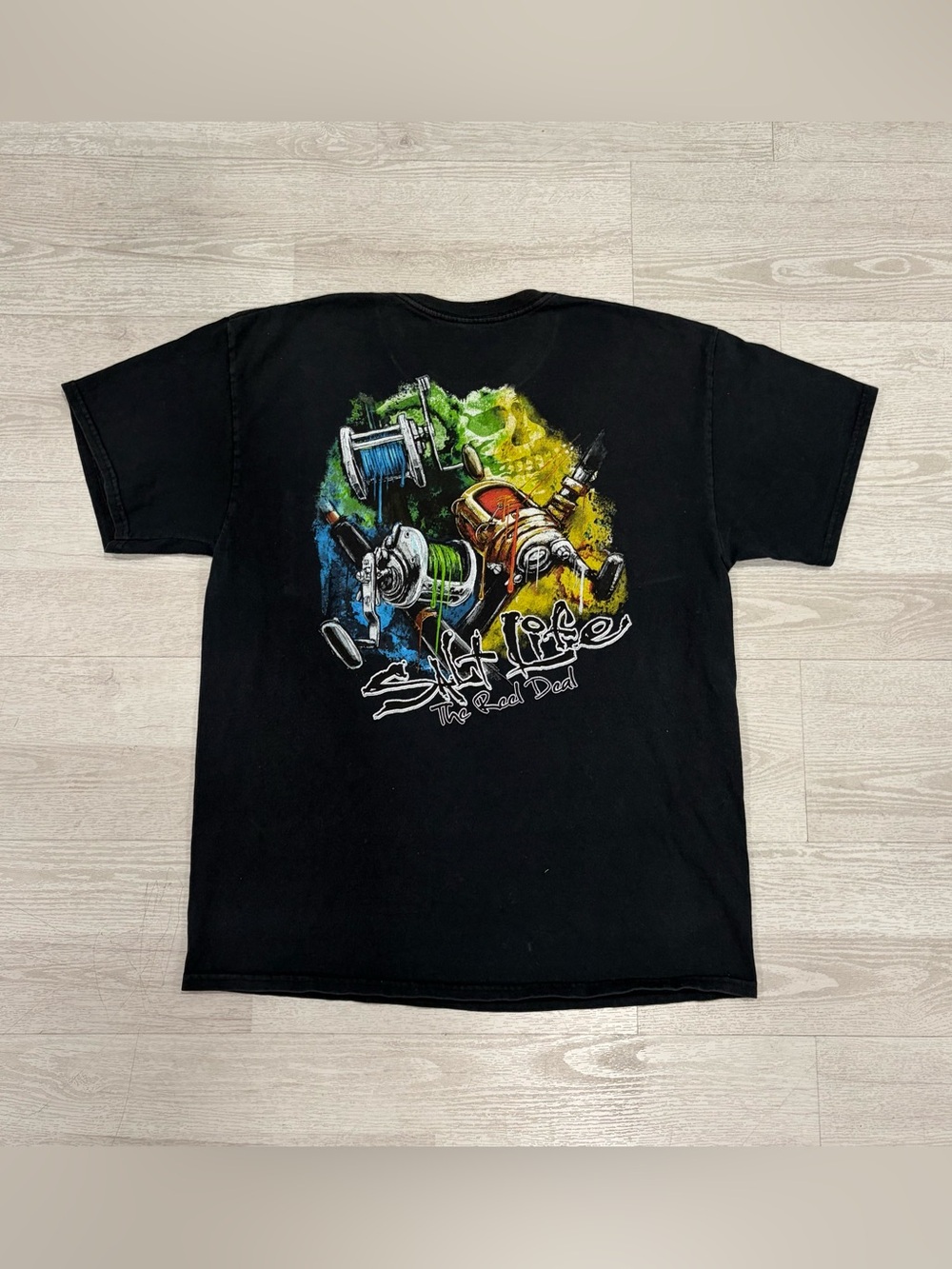 Salt Life Black Short-Sleeve Tee with Colorful Fishing Reel Graphic